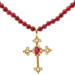 Estate Cross Necklace 14K Solid Yellow Natural Garnets
